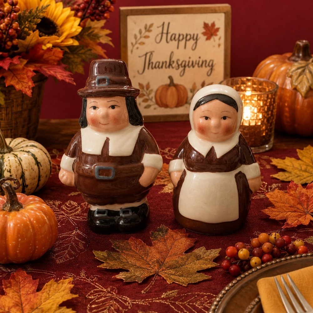 Publix Pilgrim Pair Ceramic Salt & Pepper Shakers Fall Thanksgiving Harvest